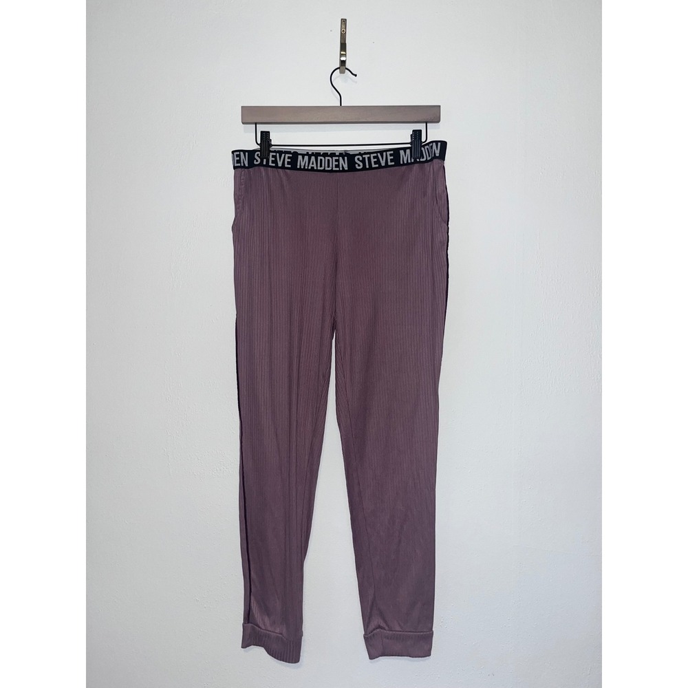 Steve Madden Womens Ribbed Joggers Mauve Purple Logo Waistband Lounge Pants